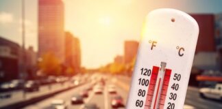Thermometer showing high temperature in busy city traffic.