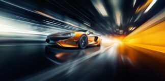 Orange sports car speeding through a futuristic tunnel.
