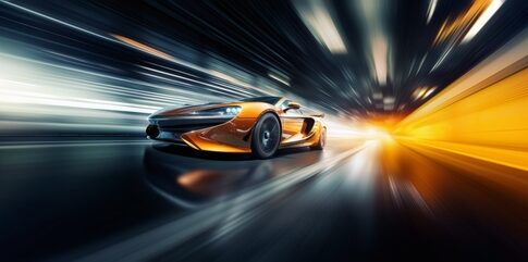 Orange sports car speeding through a futuristic tunnel.