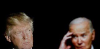 Donald Trump and Joe Biden in dark background.