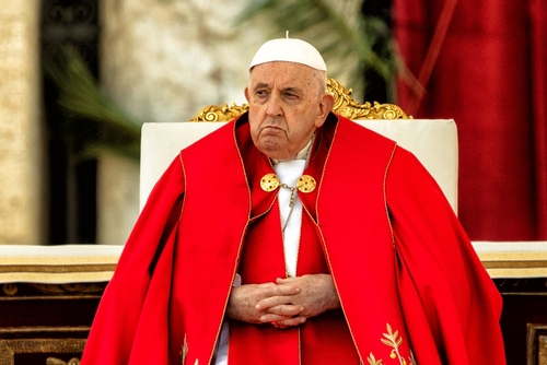 Pope Francis seated in ceremonial red vestments during a formal event