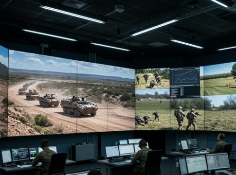 Military personnel monitoring operations in a high-tech command center