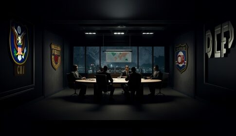 A group of individuals seated around a table in a dimly lit room with agency logos on the walls