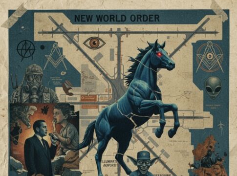 An artistic representation featuring a blue horse, symbols of secret societies, and various figures.