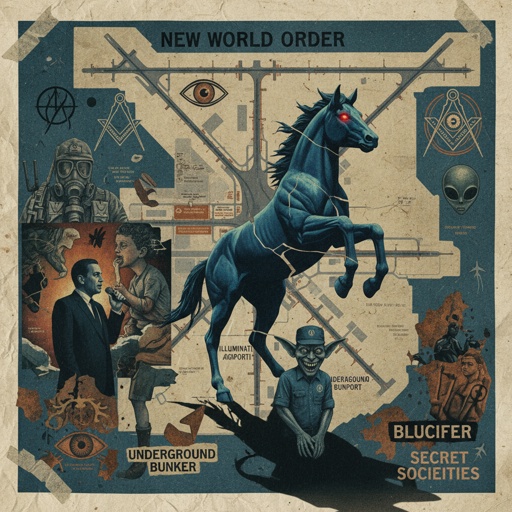 An artistic representation featuring a blue horse, symbols of secret societies, and various figures.