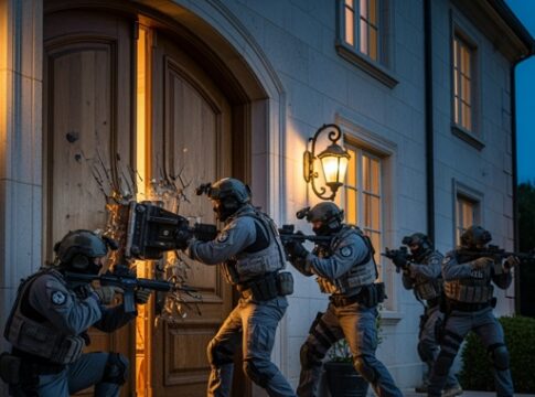 SWAT team breaching a door during a nighttime operation