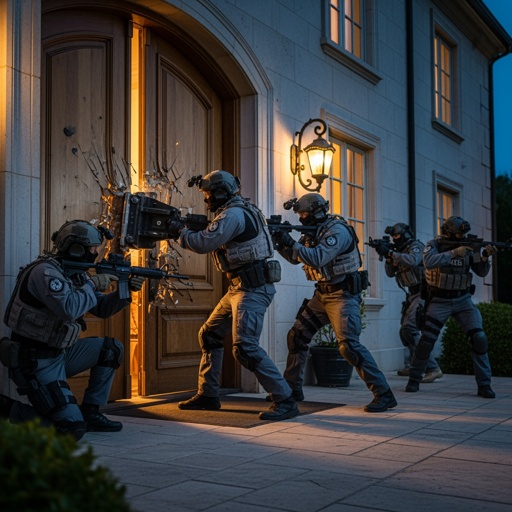 SWAT team breaching a door during a nighttime operation