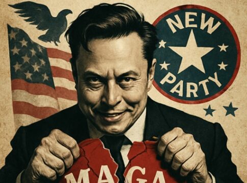 Illustration of a man tearing a MAGA shirt with political symbols in the background