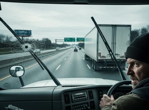 A truck driver with a tense expression, holding a steering wheel, with a broken windshield in view