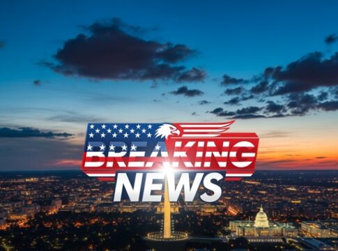 A skyline view of Washington D.C. at sunset with a 'Breaking News' graphic overlay