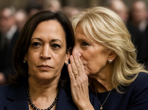 Kamala Harris and Jill Biden engaged in a whispering conversation at a formal event