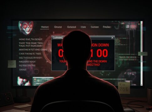 A person sitting in front of a computer screen displaying warning messages and code