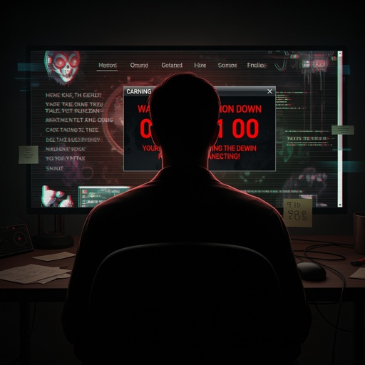 A person sitting in front of a computer screen displaying warning messages and code