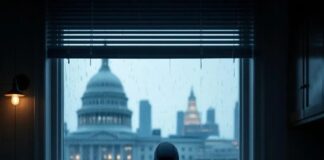 A mysterious figure in a dark outfit sitting by a rainy window with a cityscape in the background