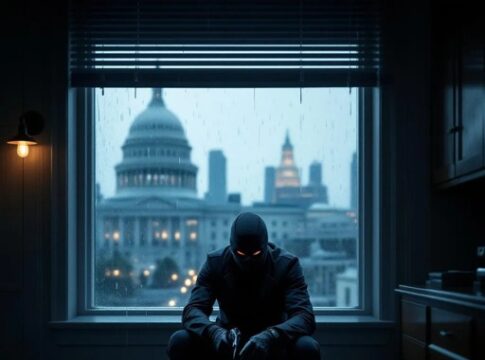 A mysterious figure in a dark outfit sitting by a rainy window with a cityscape in the background