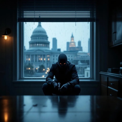 A mysterious figure in a dark outfit sitting by a rainy window with a cityscape in the background