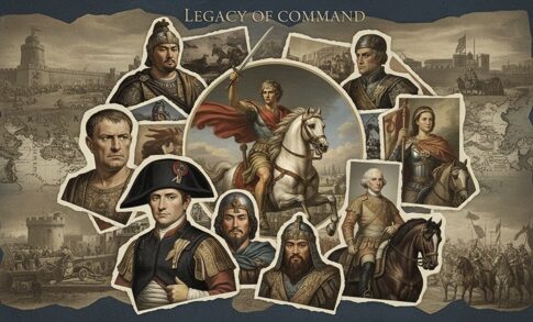 Collage of historical military leaders and figures in a decorative style