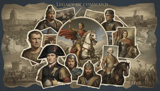 Collage of historical military leaders and figures in a decorative style