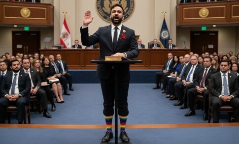 A man in a suit taking an oath with a rainbow sock visible