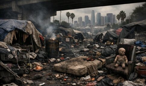A homeless encampment with tents and debris in the foreground, city skyline visible in the background
