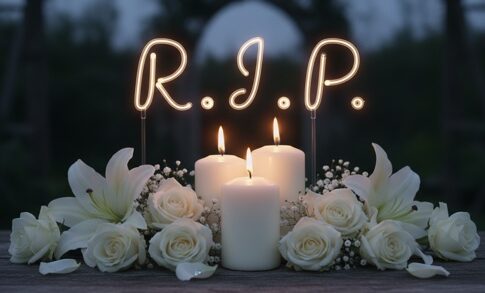 A memorial display with candles and white flowers spelling R.I.P.