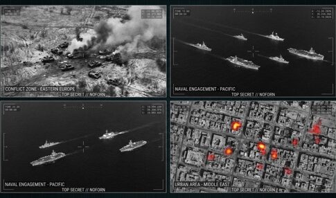 Aerial images depicting military conflict and naval engagements in different regions
