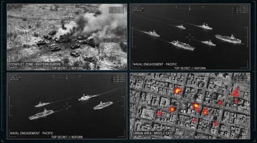 Aerial images depicting military conflict and naval engagements in different regions