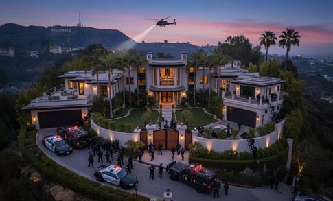 Luxury mansion surrounded by police and a helicopter in the Hollywood Hills at dusk