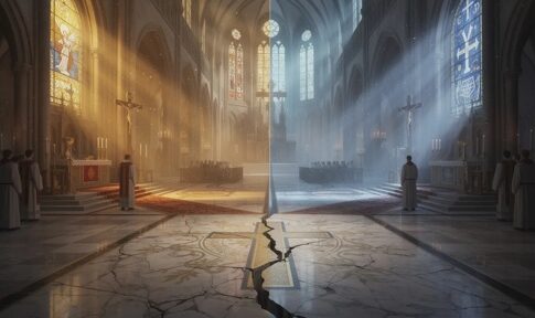 Interior of a cathedral with contrasting light and shadow
