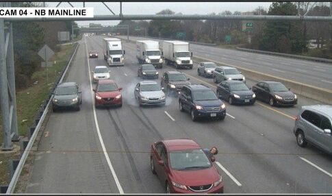 A traffic incident on a highway with multiple vehicles involved