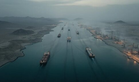 Aerial view of cargo ships navigating a shipping channel