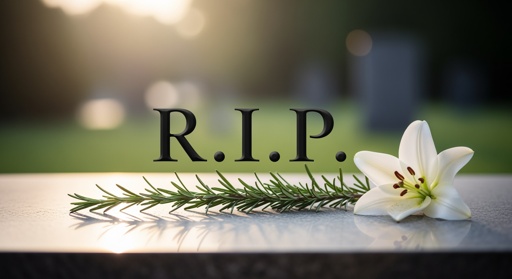 A gravestone with the letters R.I.P. and a white lily flower