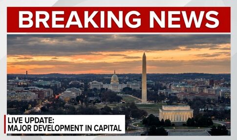 Aerial view of Washington D.C. at sunset with notable monuments
