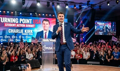 A speaker addressing a large audience at a political event