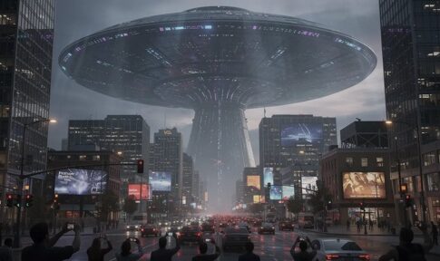A large UFO hovering over a city street with people looking up in awe