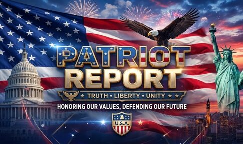 Graphic featuring the American flag, an eagle, and the Statue of Liberty