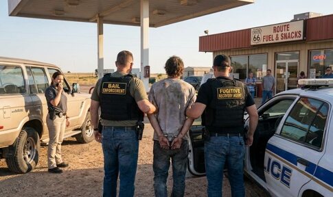 Law enforcement officers arresting a suspect at a gas station