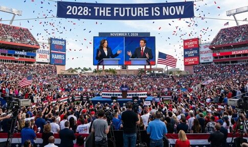 Large crowd at a political rally with speakers on stage and confetti in the air