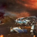 Burning airplane wreckage scattered across a desolate landscape.