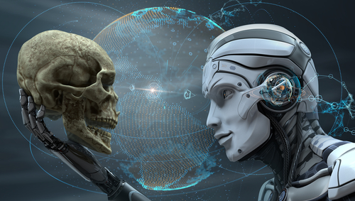 shutterstock_638136574.jpg featured image Robot holding skull with digital Earth in background.